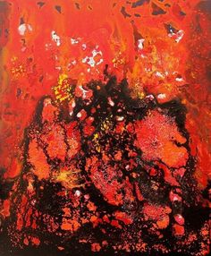 an orange and black painting with lots of paint splattered on it's surface