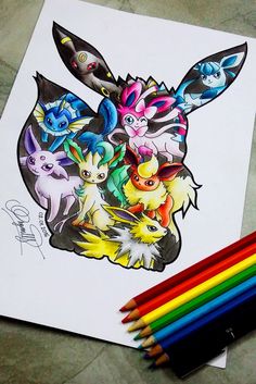 a drawing of some pokemon characters with colored pencils