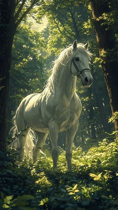 a white horse standing in the middle of a forest with sunlight streaming through the trees