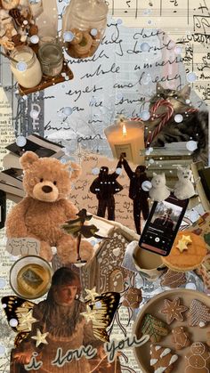 a collage of pictures with teddy bears, candles and other things on it's surface