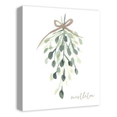 a watercolor painting with green leaves and a bow