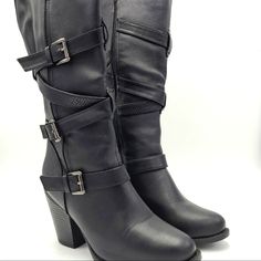 Adriana New York Brand Size 11 Black Boots With Strap And Buckle Details. 3 Inch Heel Nwt And In Box Pet Friendly Home Black Wide Calf Knee-high Boots With Buckle Closure, Black Wide Calf Mid-calf Boots With Buckle, Black Wide Calf Mid-calf Boots With Buckle Closure, Black Knee-high Heeled Boots With Buckle Closure, Brown Fringe Boots, Peep Toe Boots, Brown Knee High Boots, Suede Boots Knee High, Size 11 Heels