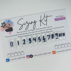 Are you looking to order custom made press on nails and not sure what your sizing is?My sizing kits are perfect for you!  I offer sizing kits for every shape/length that I offer. These come with every size available and a convenient space to write down your perfect fit so you can have a perfect manicure every time you order nails from me. This is the preferred way to size your nails as there is no guess work involved. Simply take the premarked nail sizes and place them on your nail until you find the right fit. My sizing kits only work with sizing nails from my shop, and a sizing kit is HIGHLY ENCOURAGED before purchasing press on nails from Crown & Cradle. You may order a sizing kit and a custom nail set at the same time. If you do this, you have one week to send me your nail sizes after Nail Sizing Kit, Perfect Manicure, Nail Sizes, One Week, Press On Nails, Custom Orders, You Nailed It, Custom Made, Manicure