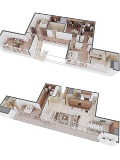 two 3d renderings of the floor plan of a house with kitchen, living room and dining area