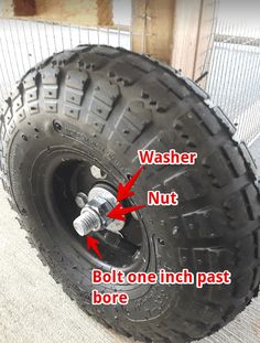 an image of a large tire that is on the ground with other parts labeled in red