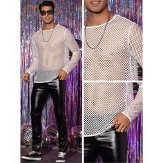 This mesh tee is breathable and made of lightweight fabric, perfect for wearing in the summer to keep you comfortable. You can pair the mesh T-shirt with joggers or layer it with other outfits for a trendy cool look. Casual mesh T-shirts can be worn on many occasions, such as dates, beach vacations, parties, clubs, etc. White Mesh Crew Neck Top, White Mesh Tops For Streetwear, White Mesh Casual T-shirt, Summer Mesh Top For Streetwear, Stretch Mesh Crew Neck T-shirt, White Mesh Top For Party, White Mesh Top With Mesh Sleeves, Halloween Long Sleeve, Mesh T Shirt