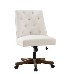 a white office chair sitting on top of a wooden desk