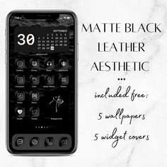 the black leather aesthetic theme is featured on an iphone's screen and features white marble