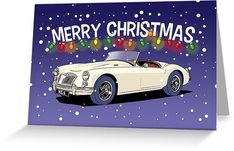 a christmas card with an old fashioned car in front of the words merry christmas on it