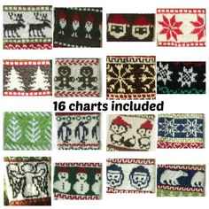 knitted christmas sweaters are shown in different colors and designs, including snowflakes