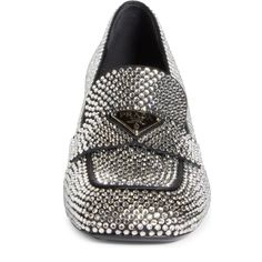 This loafer with triangle logo comes in satin covered in crystals that create plays of light and iridescent glimmers on the surface. Defined by a low heel and square toe, this shoe reimagines the classic penny loafer from a feminine perspective..Crystal embellishmentLogo plaqueRound toeBranded insoleMedium block heelComposition: Fabric 100%, Crystal 100%Lining: Leather 100%Sole: Leather 100%, Rubber 100%Made in Italy Elegant Rhinestone Slip-on Loafers, Silver Flat Heel Party Loafers, Silver Flat Heel Loafers For Party, Formal Loafers With Rhinestones And Round Toe, Silver Party Loafers With Flat Heel, Luxury Party Loafers With Rhinestones, Evening Loafers With Rhinestones And Round Toe, Designer Pointed Toe Loafers For Evening, Evening Rhinestone Round Toe Loafers