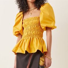 Originally Purchased From Moda Operandi Elegant Yellow Fitted Top, Elegant Fitted Yellow Tops, Fitted Mustard Blouse For Spring, Black Peplum Top, Organza Blouse, Western Tops, Blue Striped Shirt, Black Peplum, Gingham Tops