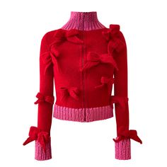 Made to order. Ships in 1 to 3 weeks    A beautiful women's knit sweater with matching bows and contrasting cuffs, hem, and collar in lovely pink and vibrant red. The sweater includes a matching zipper in the middle. Each piece takes up to 5 days to knit, ensuring uniqueness with slight variations. Made of acrylic, moh Bow Coat, Lirika Matoshi, Dream Wishlist, Knitted Balaclava, Womens Knit Sweater, Bow Sweater, Knit Outerwear, Dolce E Gabbana, Red Bow