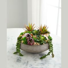 an arrangement of succulents and other plants sits on a marble table in front of a window