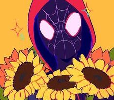 a spider - man with sunflowers in front of him and the background is yellow