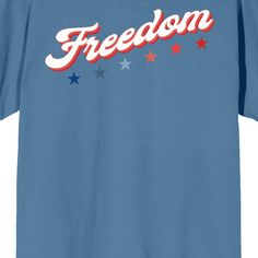 Celebrate the land of the free with this Americana tee. The shirt features white letters that spell out, ""Freedom," while colorful stars appear below the text. The tee comes in a blue fog short sleeve crew neck. Show some love for the red, white, and blue with this comfy t-shirt. American Style Blue T-shirt For 4th Of July, Blue Short Sleeve T-shirt For Independence Day, Blue Graphic Tee With Lettering, Blue American Style Short Sleeve T-shirt, Blue Short Sleeve American Style T-shirt, Blue Short Sleeve T-shirt For Memorial Day, Blue Crew Neck T-shirt For Labor Day, Blue Short Sleeve T-shirt With Lettering, Memorial Day Streetwear T-shirt With Letter Print