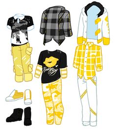 the paper doll is dressed up in yellow pants and plaid shirt with black shoes on it