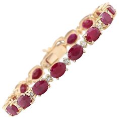 Adorn your wrist with sheer opulence with our 14 Karat Yellow Gold Diamond Bracelet, featuring a dazzling 28.58 Carat Ruby centerpiece, delicately set alongside sparkling diamonds totaling 0.80 Carat. Crafted to perfection and stamped with 14K, this bracelet weighs 14.0 grams, measuring 7.0 inches in length and 6.00 mm in width. The Ruby, weighing 27.78 Carat and measuring 8.00x6.00 mm, is elegantly treated to enhance its natural beauty through heating. Revel in luxury with this exquisite piece Ruby Jewelry Earrings, Gold Diamond Bracelet, Diamond Earrings Design, Ruby Bracelet, Bracelets Gold Diamond, Red Diamond, Ruby Jewelry, Ruby Diamond, Natural Ruby