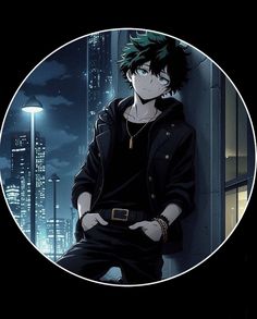 an anime character standing in front of a cityscape at night with his hands on his hips