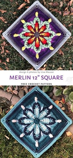 two square crochet patterns with the words merlin's square on them