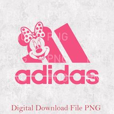 the adidas logo with minnie mouse in pink on a white background and red lettering