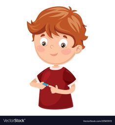 a little boy holding a toothbrush in his hand and pointing to it with both hands