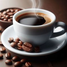 a cup of coffee sitting on top of a white saucer next to some beans