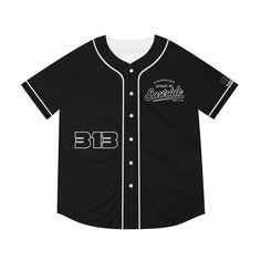 a black baseball jersey with white lettering on the front and back, featuring an embroidered logo