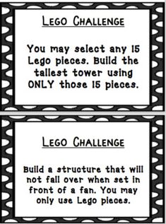 two black and white tags with the words lego challenge