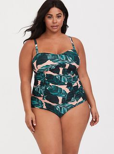 Plus Size Peach Palm Ruched One-Piece Swimsuit, Mastectomy Swimsuits, Blouson Tankini, Ruched Swimsuit, Halter Top Tankini, Halter Tankini, Best Swimsuits, Printed Tankini, Pineapple Print, One Piece For Women