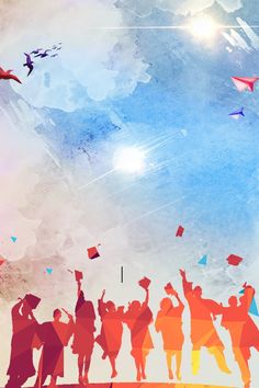 a group of people flying kites on top of a blue and pink sky with clouds