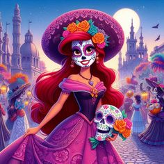 the day of the dead girl with her skull and flowers in her hair, wearing a pink dress