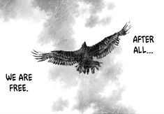 a black and white photo with an eagle flying in the sky next to words that say we are free