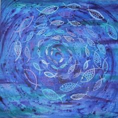 a painting with blue and purple colors on the bottom, surrounded by small white leaves