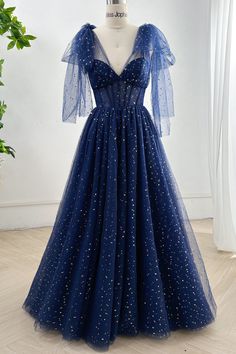 Blue Starry Wedding Dress, Sun And Moon Prom Dress, Yule Ball Dress Ideas Ravenclaw, Shimmery Blue Dress, Star Prom Dress Night Skies, Starry Night Formal Dress, Starry Night Prom Dress Midnight Blue, Stary Night Dresses, Yule Ball Dress Blue