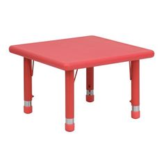 a red plastic table with two metal legs