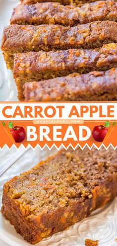 carrot apple bread on a white plate with text overlay