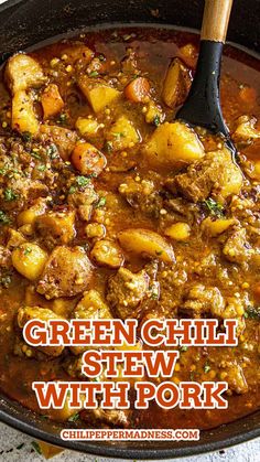 Green Chili Stew With Pork in a big skillet Green Chili Pork Stew, Pork Stew