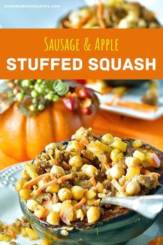 sausage and apple stuffed squash in a bowl on a plate with pumpkins behind it