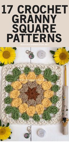 crochet granny square patterns with sunflowers on the side and text overlay that reads 17 crochet granny square patterns