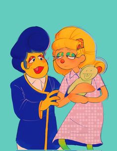 an image of the simpsons and miss piggy holding a baby in her arms, on a blue background