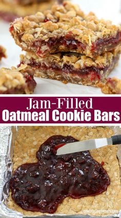 jam filled oatmeal cookie bars are stacked on top of each other and ready to be eaten