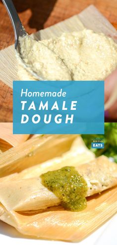 homemade tamale dough with pesto on top