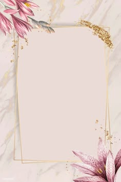 pink flowers and gold glitter on a marble background with a square frame in the middle