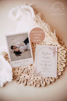 the wedding stationery is laid out on top of a doily with an image of two people