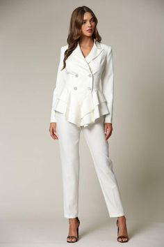 White Two Piece Blazer And Pant Set - STEVEN WICK White Two Piece, Pantsuits For Women, Trendy Blouses, Tapered Pants, Skirt Design, Winter Coats Women, Pant Set, Collar Dress, Sleepwear Women