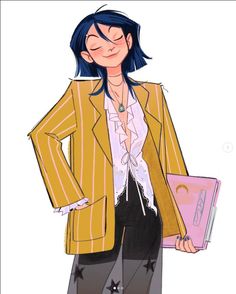 a drawing of a woman in a yellow jacket and black pants holding a pink folder