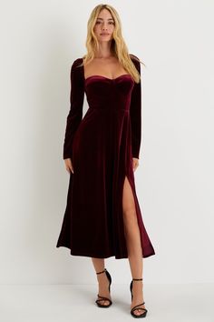 Sweetheart Midi Dress, Bustier Midi Dress, Velvet Bustier, Winter Wedding Guest Dress, Lulu Fashion, Burgundy Velvet, Black Velvet Dress, Bustier Dress, Mod Dress