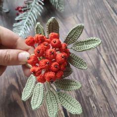 someone is holding a red flower brooch with green leaves and berries on the top