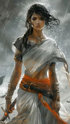 This AI painting depicts an Indian Warrior Queen, her gaze piercing through the monsoon’s fury, standing unwavering with her sword in hand. Indian Warrior Princess Aesthetic, Amazonian Women Warriors, Indian Warrior Woman, Warrior Female Art, Indian Warrior Princess, Warrior Women Art, Woman Warrior Art, Indian Character, Indian Queen